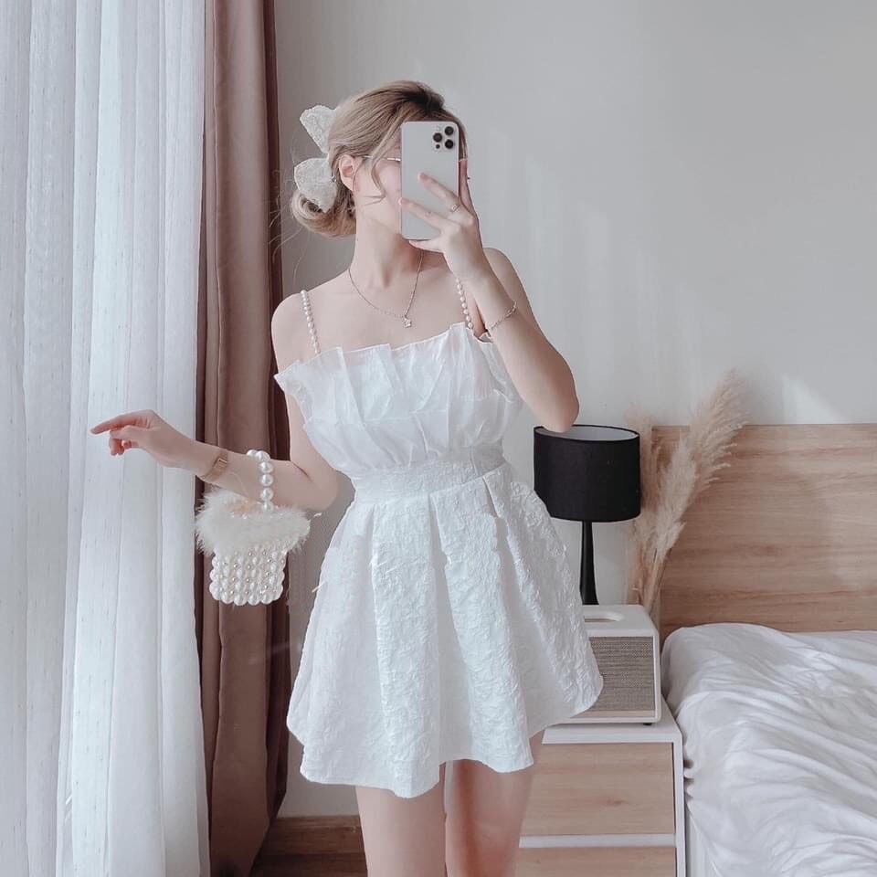 Đầm dạo phố chất gấm dáng xòe nhẹ phối voan đáng yêu (DÂY VẢI) - Emma Dress
