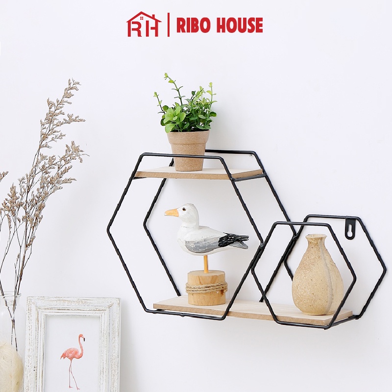 Kệ decor lục giác RIBO HOUSE khung kim loại pha gỗ treo tường trang trí nhà cửa, để đồ siêu xinh RIBO171