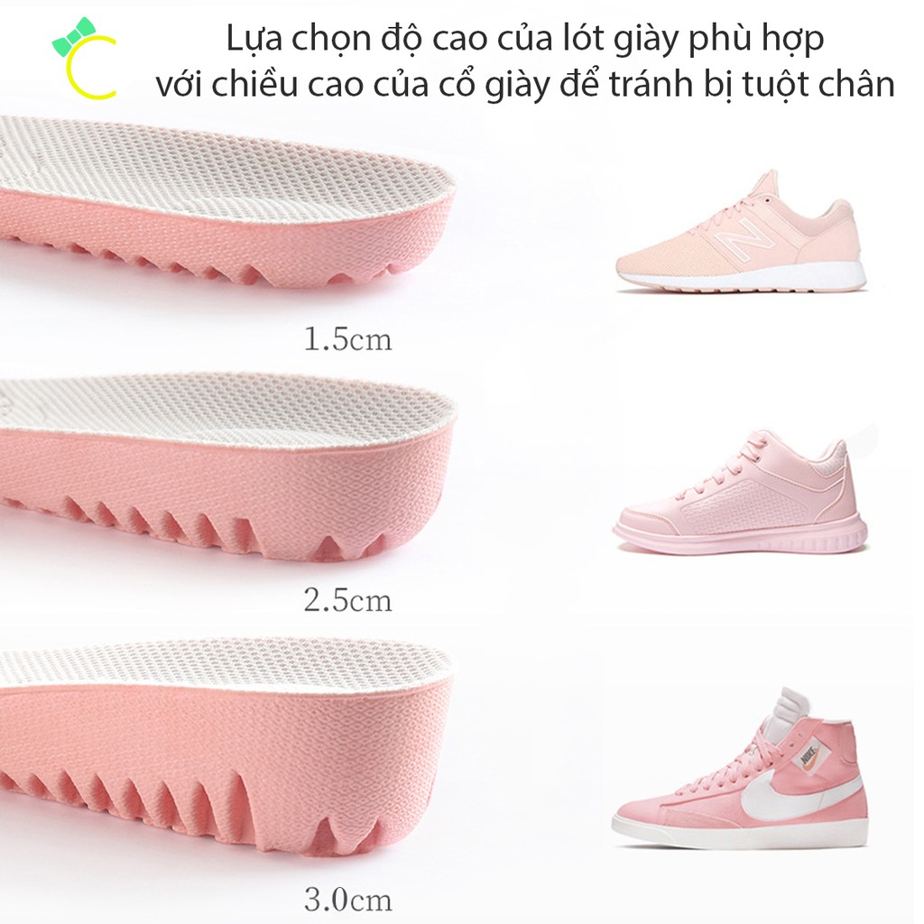 Lót giày tăng chiều cao 1.5cm, 2.5cm, 3cm với đế tổ ong màu hồng mặt vải kem - Cami - CMPK156