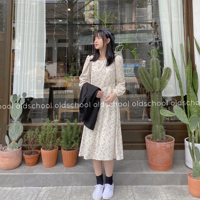 Đầm maxi hoa nhí, váy hoa cỏ vintage basic dài tay cổ tròn - V02FG BROWN