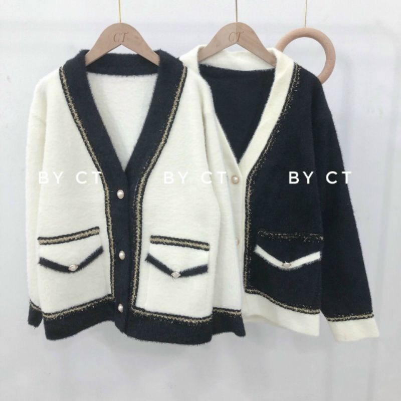 Áo cadigan len dạ viền màu