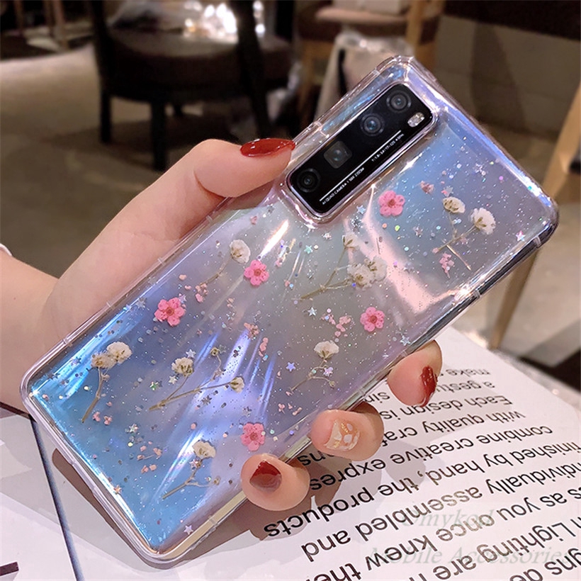 Casing Huawei Nova 7 7i 7 SE 5T 5i 4 3i 3e 4e Real Dried Flowers Luxury Soft Clear Floral Star Glitter Handmade Cover Case