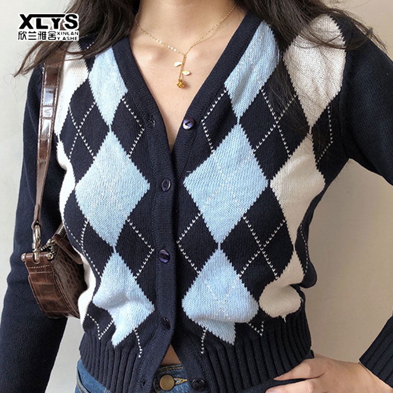Áo khoác cardigan XINLANYASHE dệt kim tay dài cổ V in sọc caro phong cách vintage xinh xắn cho nữ áo len cổ trái tim nữ
