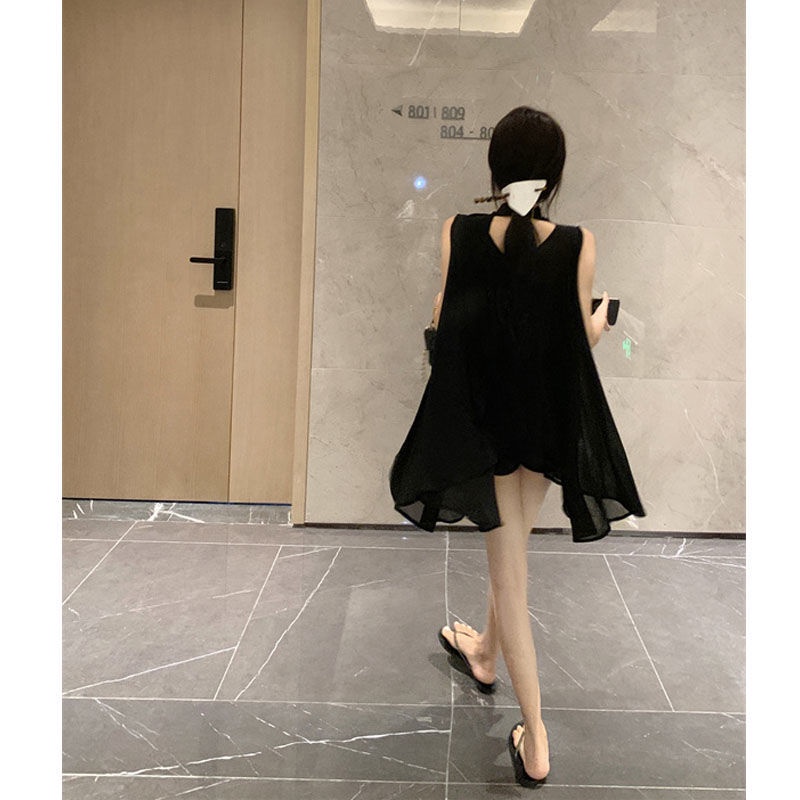 Áo cột dây ruy băng thời trang hè cổ V kiểu Pháp không tay dành cho nữ 2024