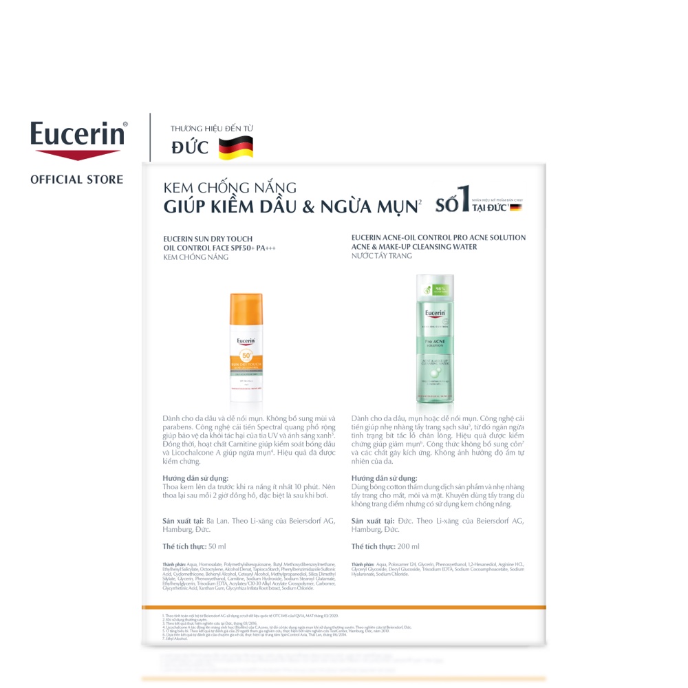 Combo gel chống nắng cho da nhờn mụn Eucerin SPF50+ 50ml kèm nước tẩy trang dành riêng cho da mụn Eucerin ProAcne 200ml