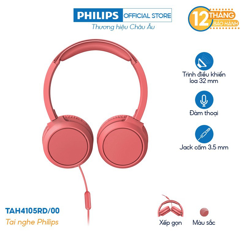 Tai nghe Philips chụp tai TAH4105RD/00 - Có mic - Màu đỏ - Hàng Chính Hãng