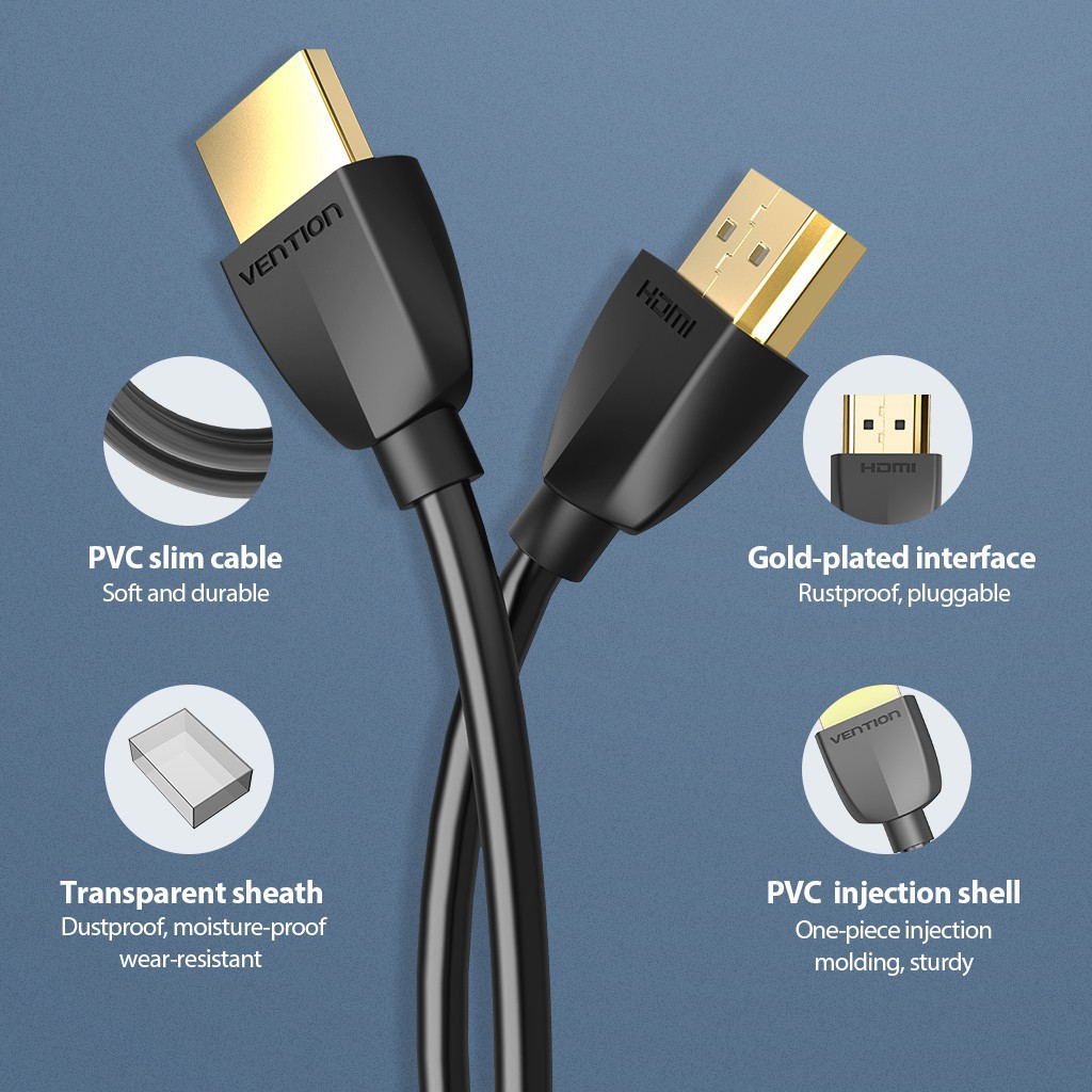 WQ TR3 Dây cáp HDMI 2.0 VENTION siêu mỏng tương trợ 4K 60Hz 3D đầu mạ vàng cho Apple/ TV/ máy chiếu/ PS4 4 1