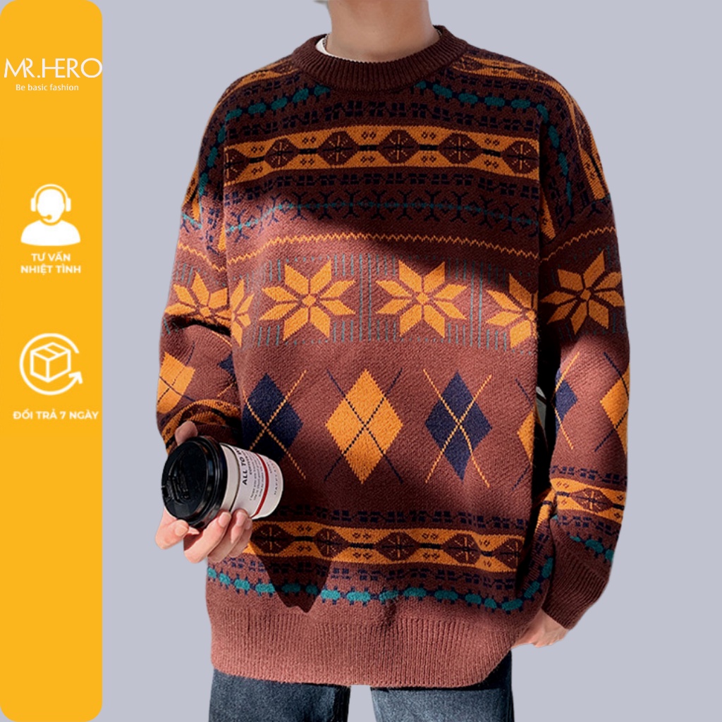 Áo len cổ tròn dài tay unisex họa tiết thổ cẩm vintage AL13 phong cách Hàn Quốc MrHero