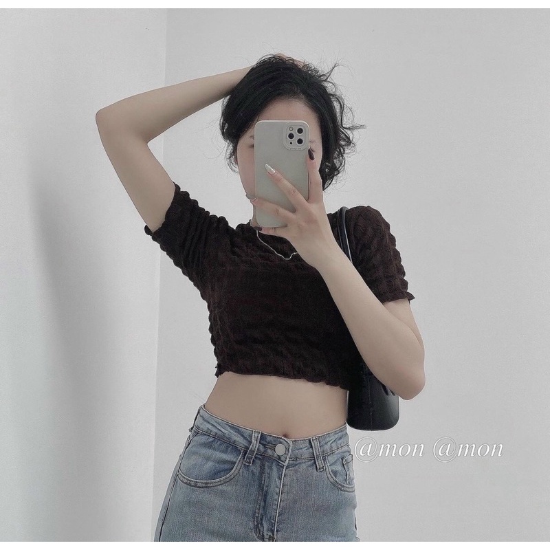 Áo Croptop Chất Caro Xốp Nữ [FREESHIP]  Thun kiểu body cộc tay dáng ôm viền bèo tiểu thư đường phố sexy, cá tính