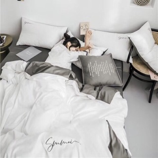 Set Chăn Ga Gối Lụa Tencel Trơn Trắng Phối Màu