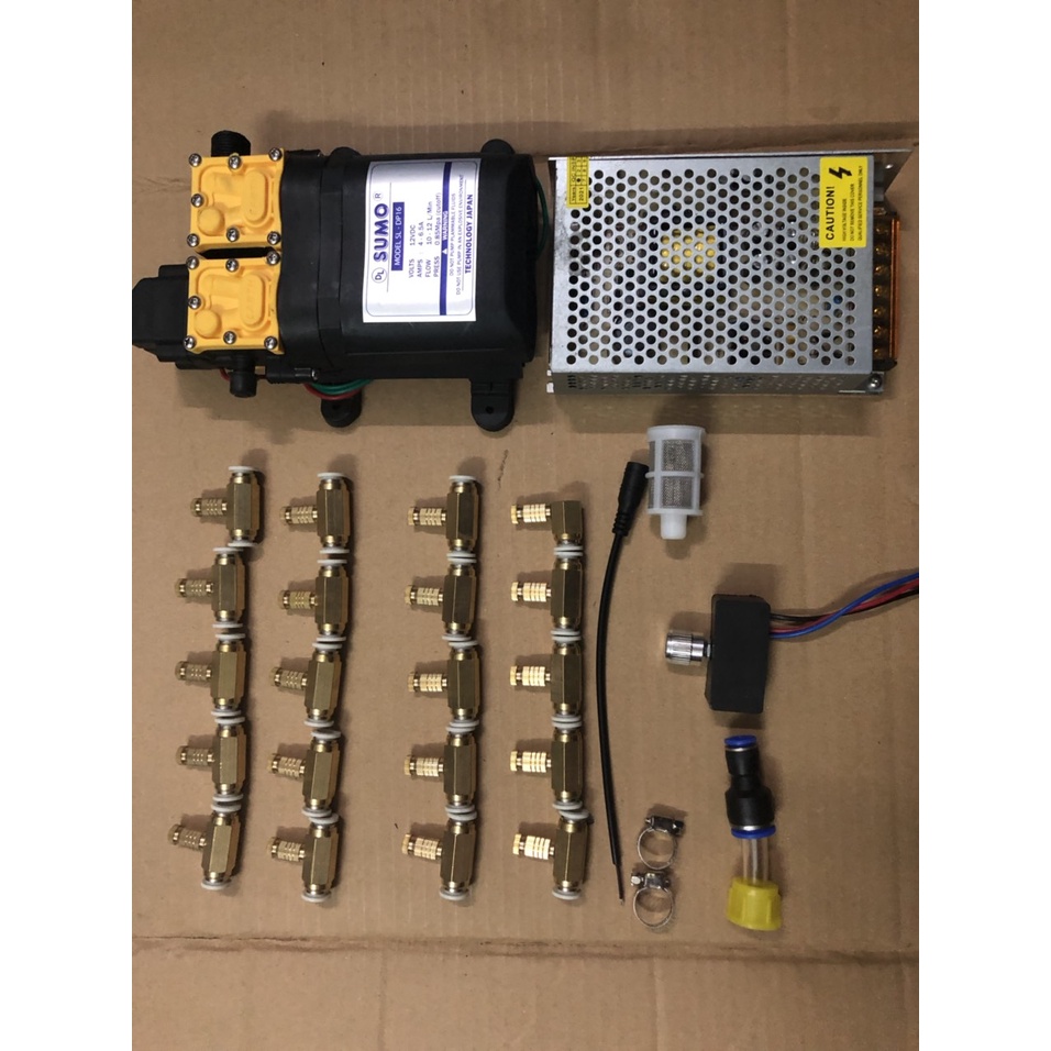 Bộ phun sương SUMO đôi kèm nguồn 12v-10a. Điều tốc 12v.10-15-20 béc đồng. 30m dây 8li