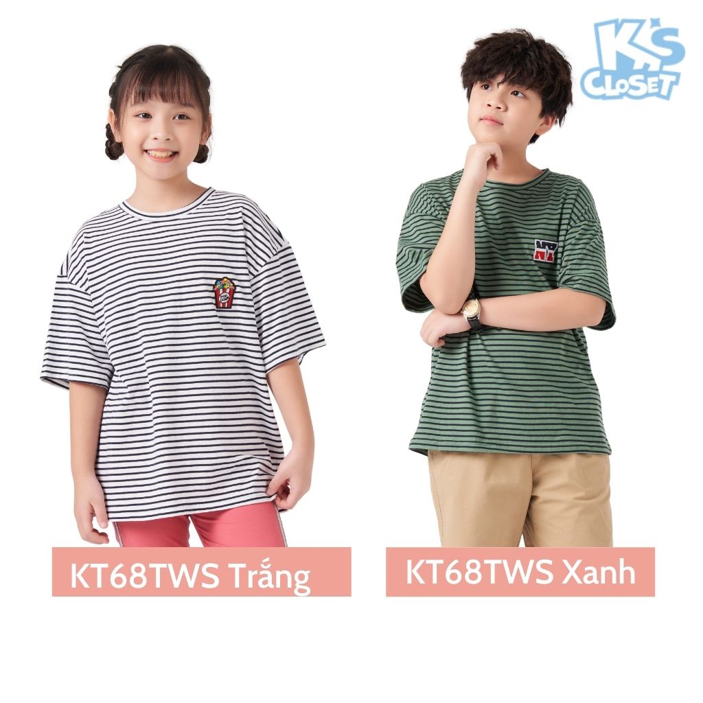 Áo phông cộc tay trẻ em K'S CLOSET sọc kẻ ngang, có hoạ tiết hình nổi trước ngực KT68TWS
