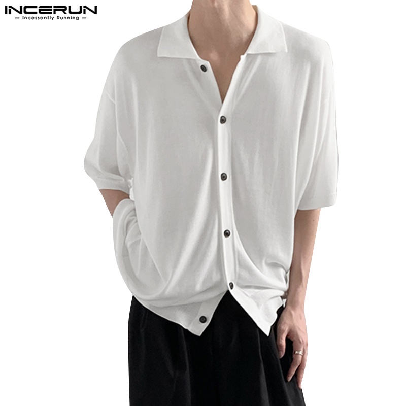 Áo sơ mi dệt kim INCERUN tay ngắn màu trơn cài nút cổ bẻ thời trang cao cấp cho nam