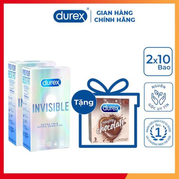 [SIÊU GIẢM GIÁ] Bộ 2 Bao cao su Durex Invisible (10 bao/hộp, size 52mm) + Tặng 1 hộp Durex Naughty Chocolate (3 bao/hộp)