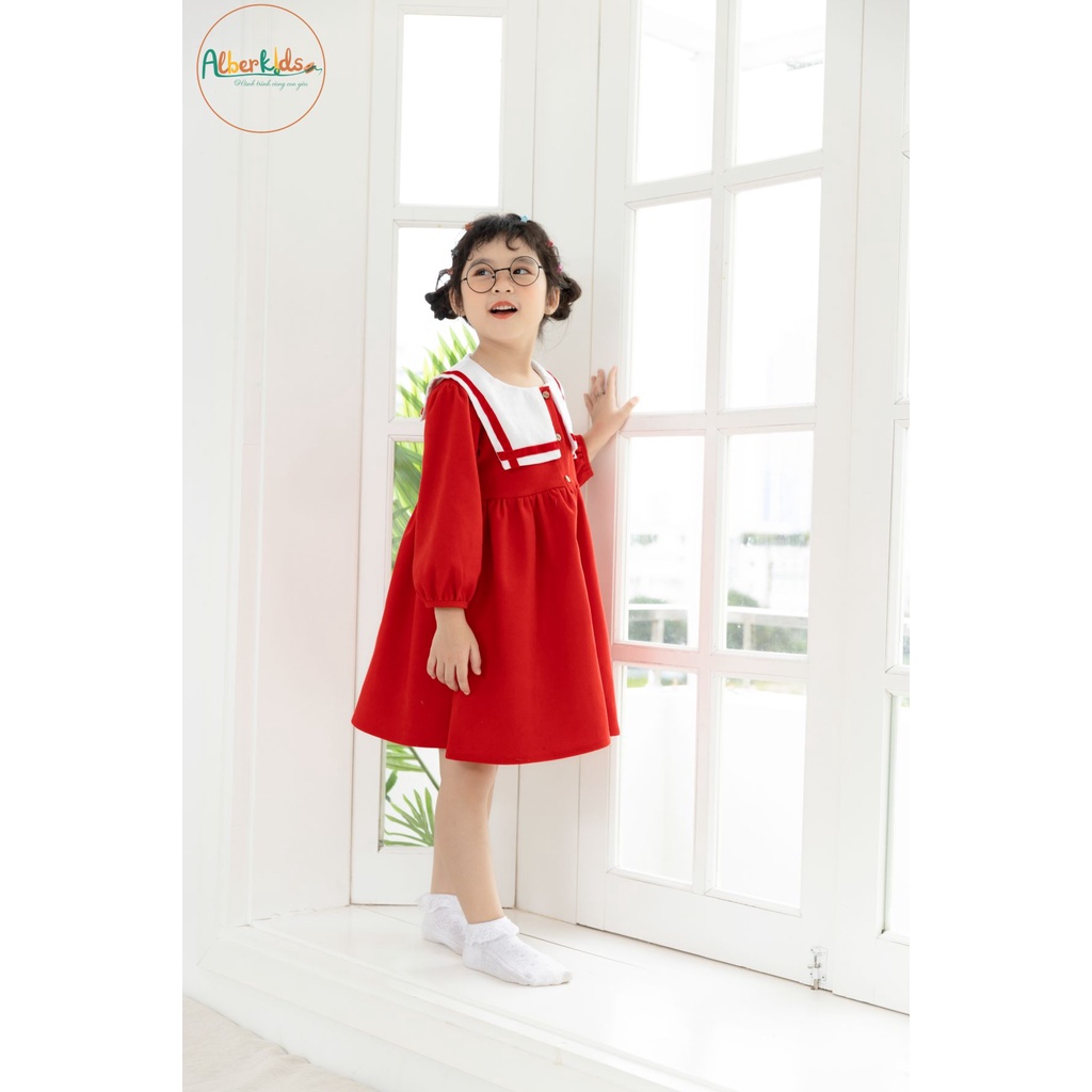 Váy bé gái ALBERKIDS tay dài đỏ nhung tăm phối cổ trắng xinh đẹp cho trẻ em gái từ 2,3,4,5,6,7,8,9,10,11,12 tuổi [V35]