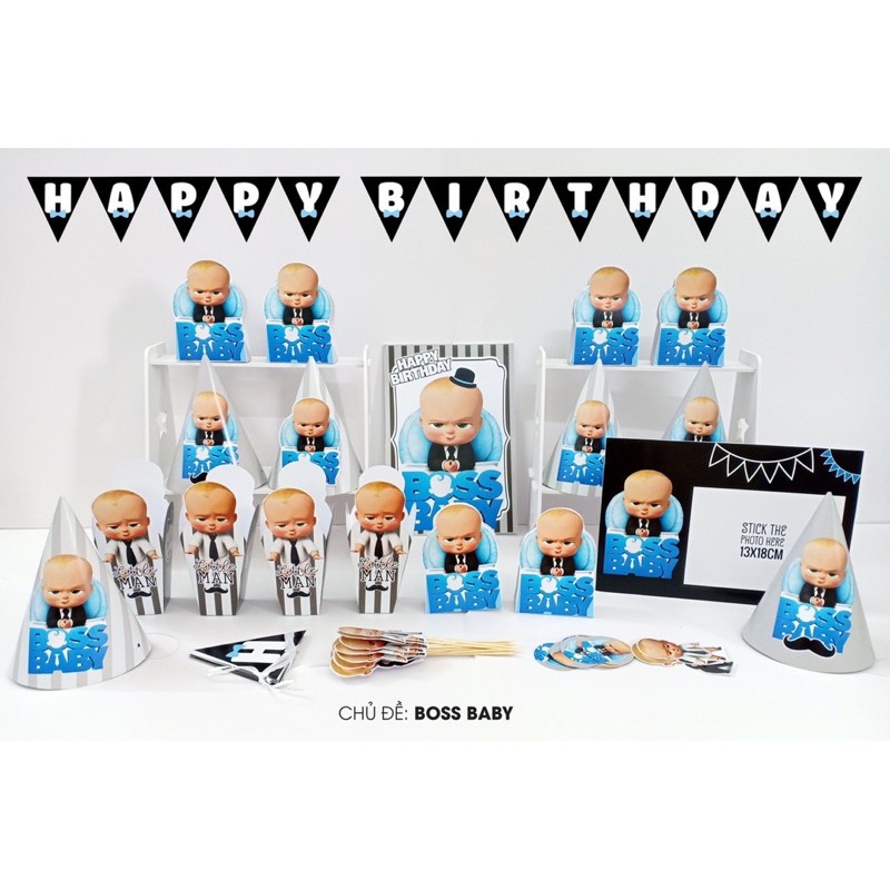 Set phụ kiện trang trí bàn Gallery sinh nhật bé trai little Man và baby Boss