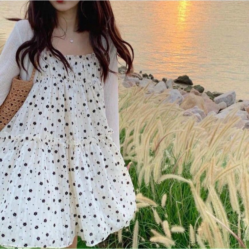 Set 2 món váy 2 dây hoa nhí kèm áo khoác cardigan dài tay