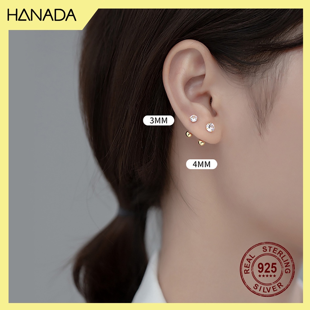 Bông Tai Bạc 925 Hanada Mang 2 Đầu Đá/Bi Tròn Chui Vặn Đeo Nam Nữ 0801