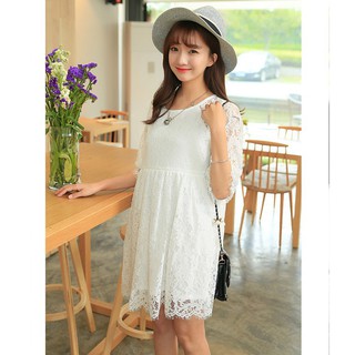 Đầm bầu váy bầu công sở vải ren sau sanh có dây kéo cho bé bú