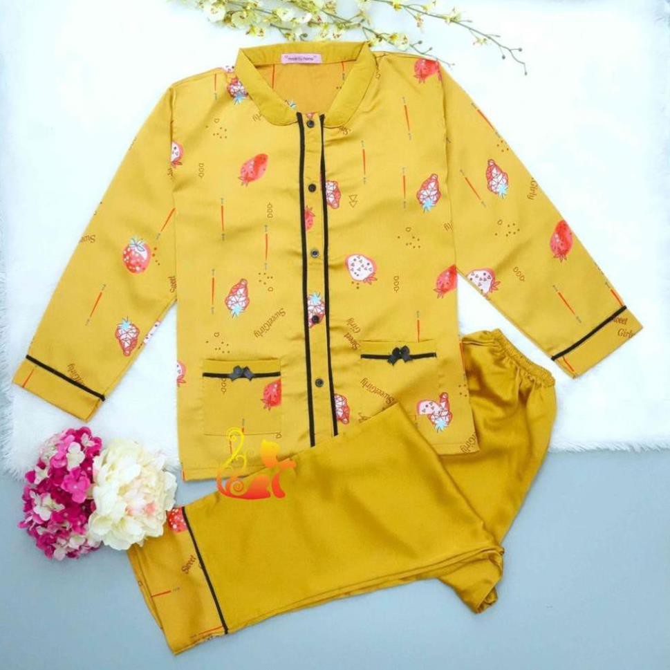 Đồ Mặc Nhà Pijama Satin Lụa Tay Dài Cao Cấp - "Cổ trụ nằm Trái Dâu" Siêu Mát - Dưới 60kg  ཾ ❕