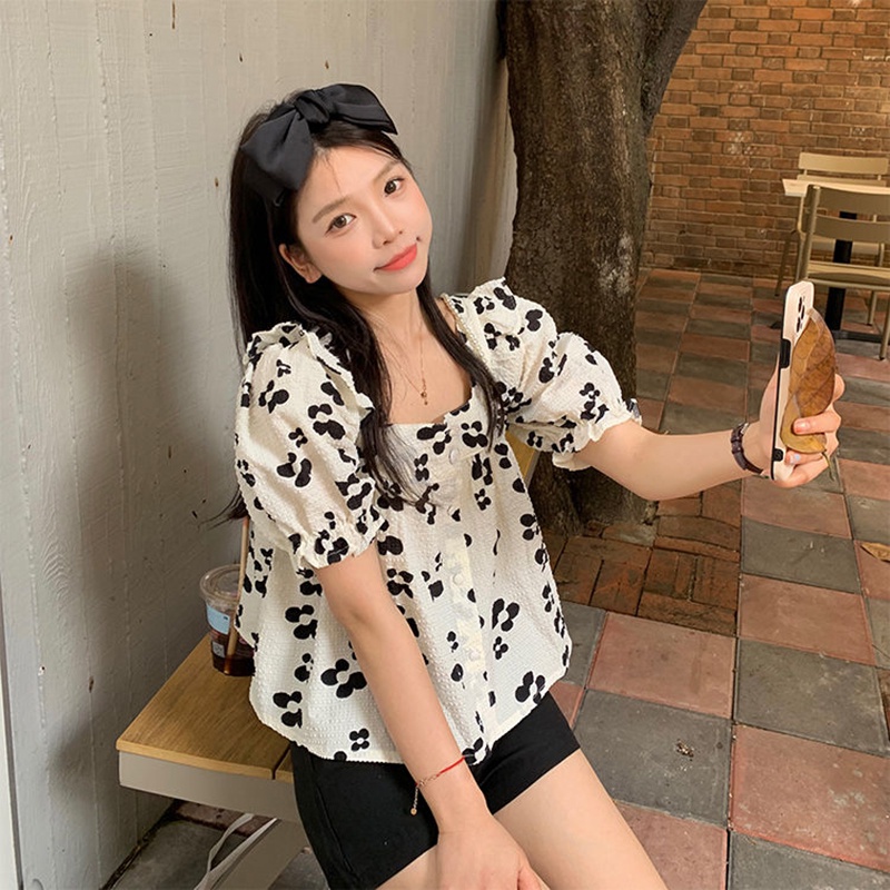 Áo kiểu IELGY cổ vuông tay ngắn phối bèo in họa tiết hoa thời trang Pháp cho nữ