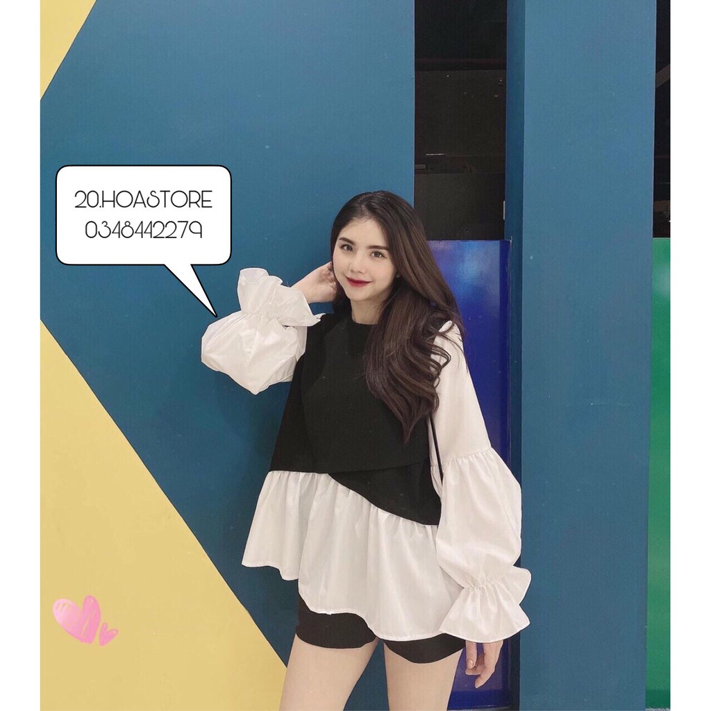 ÁO BABY DOLL ulzzang DÀI TAY LOE PHỒNG TÀ LỆCH PHỐI MÀU TRẮNG ĐEN - Áo Sơ Mi Dáng Babydoll Tay Bồng