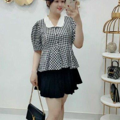 Set big size áo caro và chân váy xếp ly từ 60kg-90kg