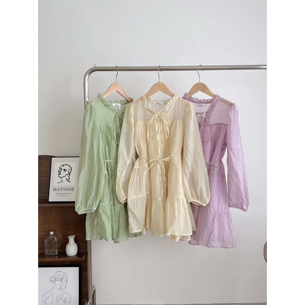 Váy babydoll tơ tay bo 2 lớp dáng xoè Pea Store - Đầm tơ dài tay kèm đai