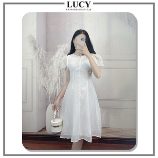 Váy Trắng LYXY V30358 Cổ Tròn Phối Dây, Vải Tơ Súp Hai Lớp
