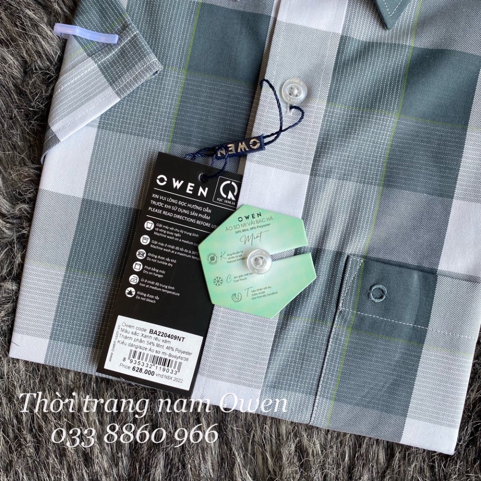OWEN - Áo Sơ mi ngắn tay Owen vạt ngang chất sợi bạc hà kẻ ca rô xanh 220409