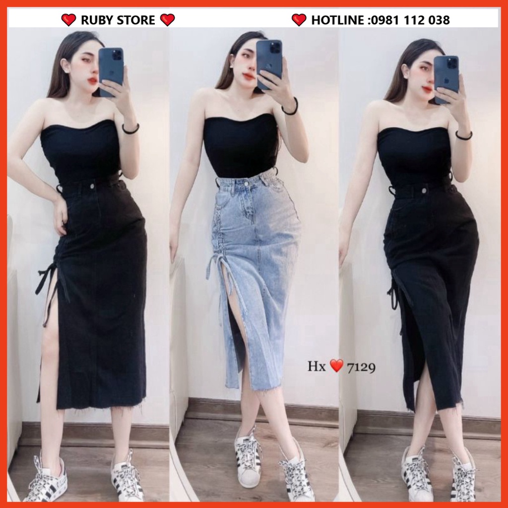 Chân váy bò ôm dài xẻ trước rút dây tạo dáng chân dài siêu đẹp_chân váy jeans dài -[FREE SHIP]