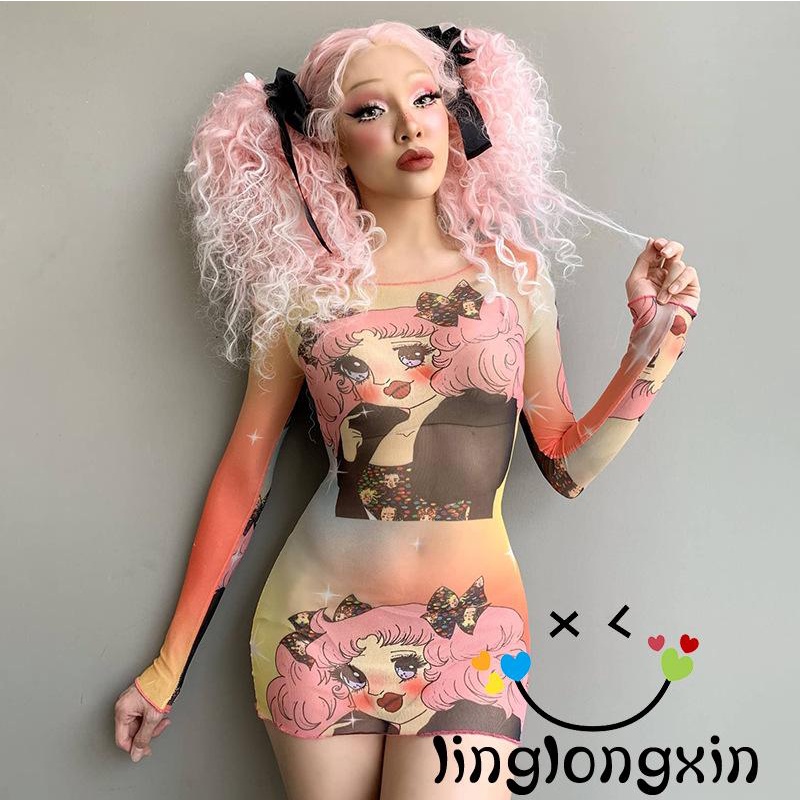 Đầm Ngắn Mini 2 Mảnh Tay Dài Cổ Tròn In Họa Tiết Hoạt Hình Thời Trang Mùa Hè Cho Nữ