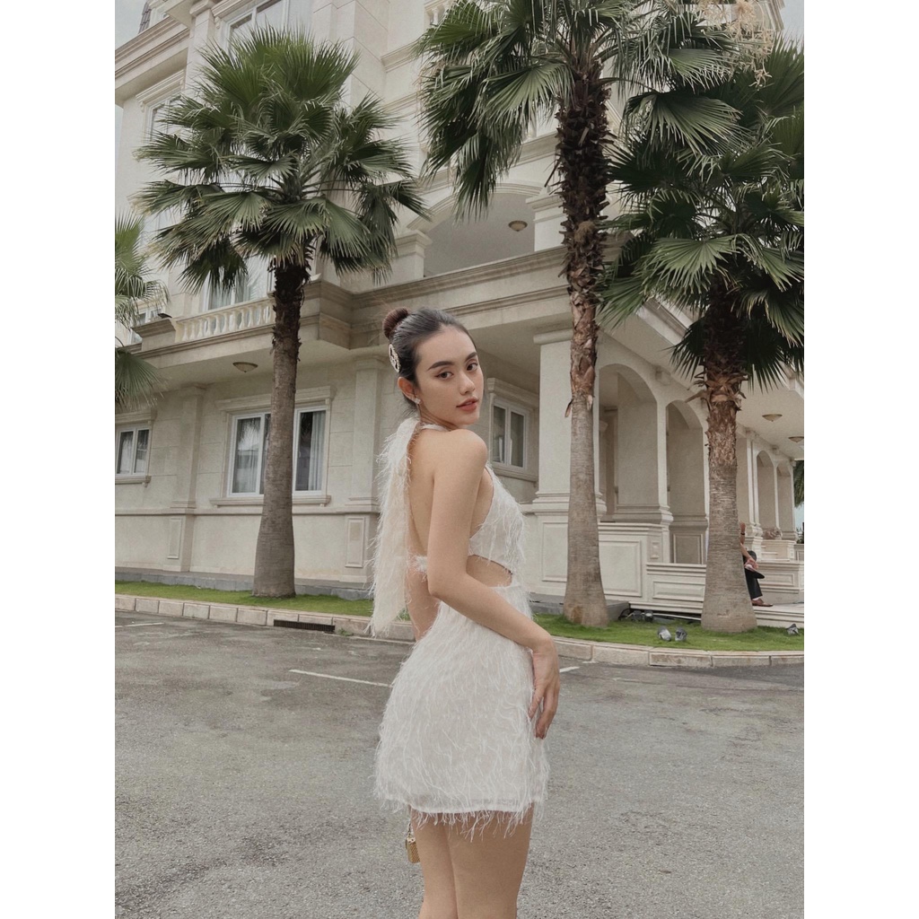 [LO02] Đầm Tua Rua Cổ Yếm Thắt Nơ Khoét Eo Hở Lưng - Vải Lông Bông Tuyết - 3 Màu Đen, Đỏ, Trắng - Cho Nàng Đi Tiệc | BigBuy360 - bigbuy360.vn