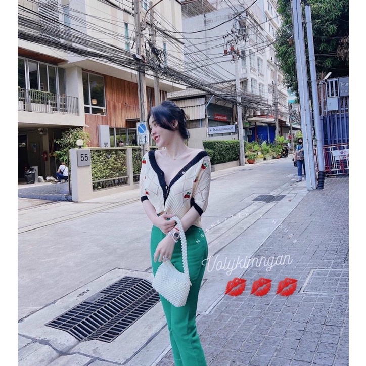 Áo len Cadigan tay cộc phối viền, hoạ tiết quả cherry bao xinh, dáng len ngắn lỡ