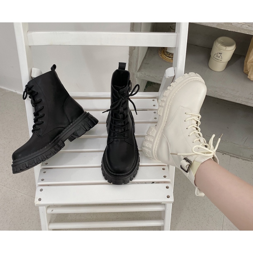 Giày Boots Nữ Boot Cổ Cao Thắt Dây Không Khóa Kéo Đế cao 6CM