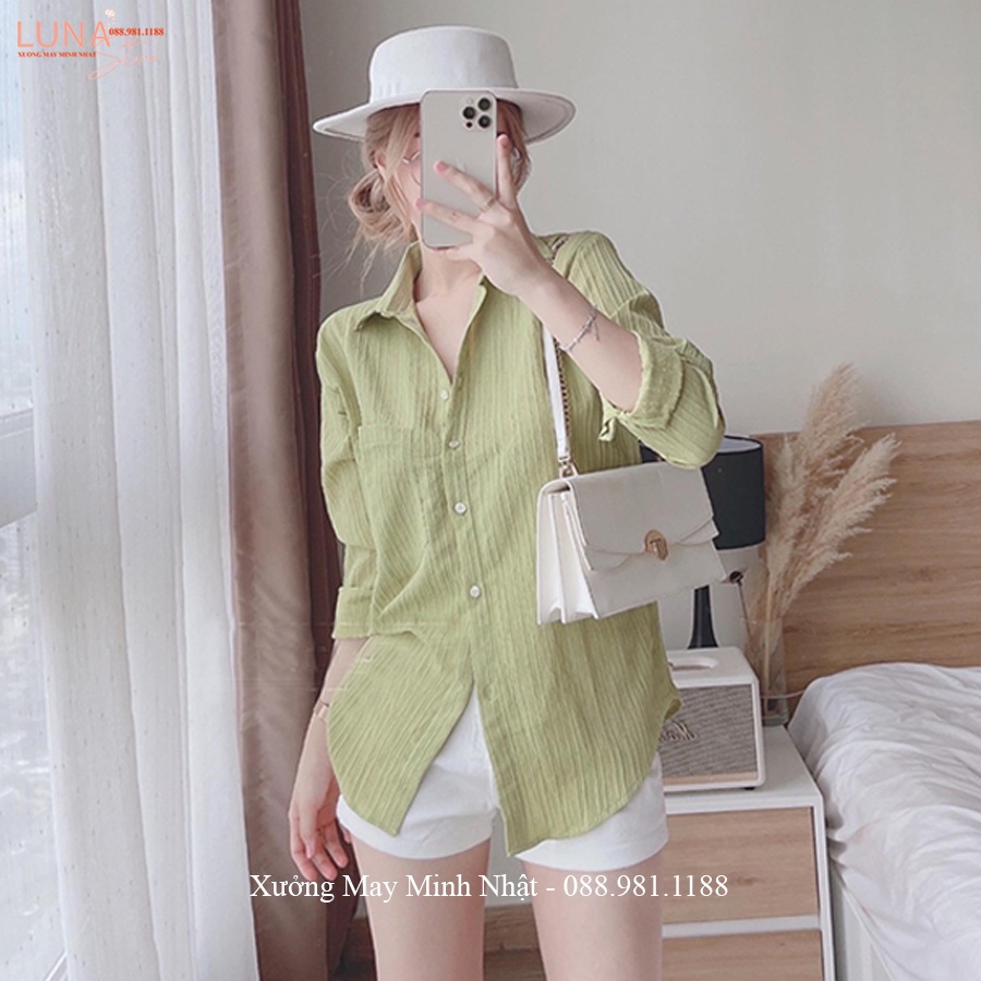 Áo sơ mi nữ kiểu tay dài đi học làm công sở hẹn hò vải xốp gần trơn dày cao cấp màu Trắng Xanh Cốm phong cách Hà Quốc