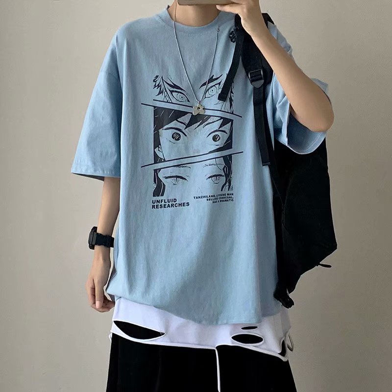 Áo thun tay ngắn dáng rộng in họa tiết hoạt hình phong cách Nhật Bản thời trang cho nam size M-5XL