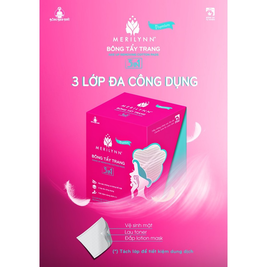 Bông Tẩy Trang Merilynn Premium 3 in1 - Bông Bạch Tuyết (120 miếng/hộp)