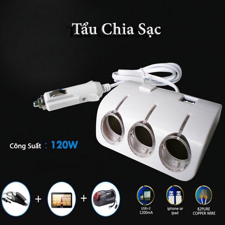 Bộ Chia Tẩu Sạc Oto - Chia 3 Cổng Tẩu, Kèm 2 Cổng USB, Điện Cắm Tẩu 12V CARZONE.TOP