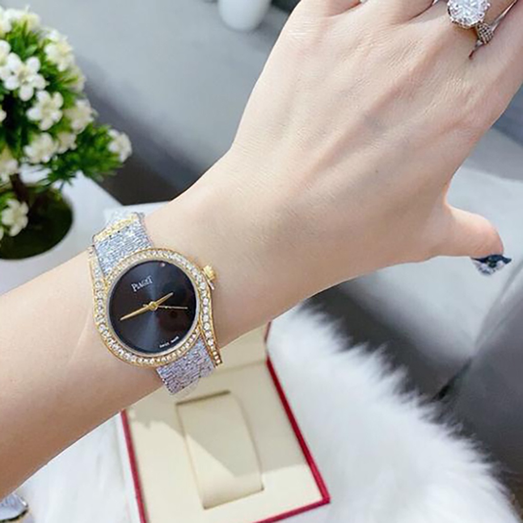 Đồng hồ piaget nữ mặt tròn xà cừ viền đính đá sang trọng quý phái - Bảo Hành 12 tháng