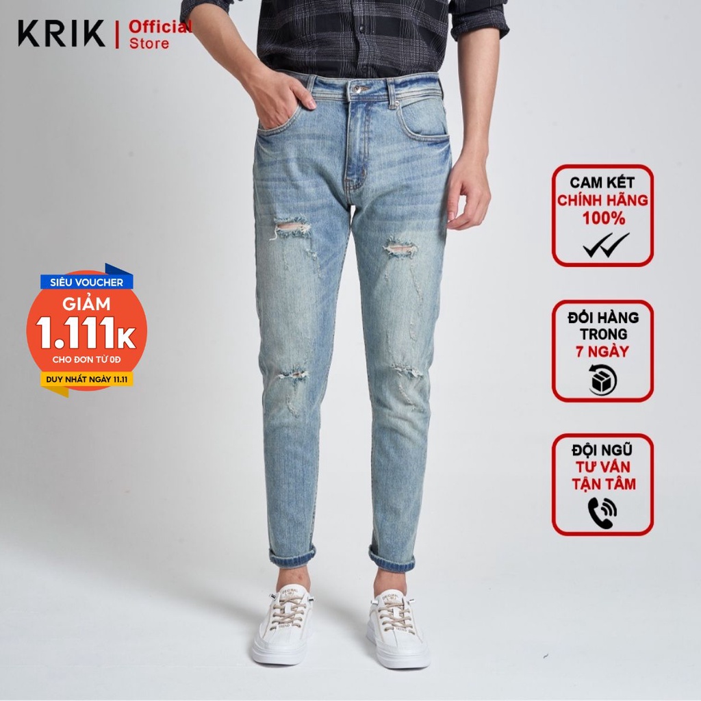 Quần Jean Nam Đẹp Chất Bò Local Brand KRIK Dáng Slimfit Màu Xanh Rách Xước QJ1003