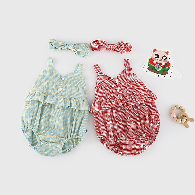 Set Áo Liền Quần Caro Kèm Băng Đô Xinh Xắn Cho Bé Gái