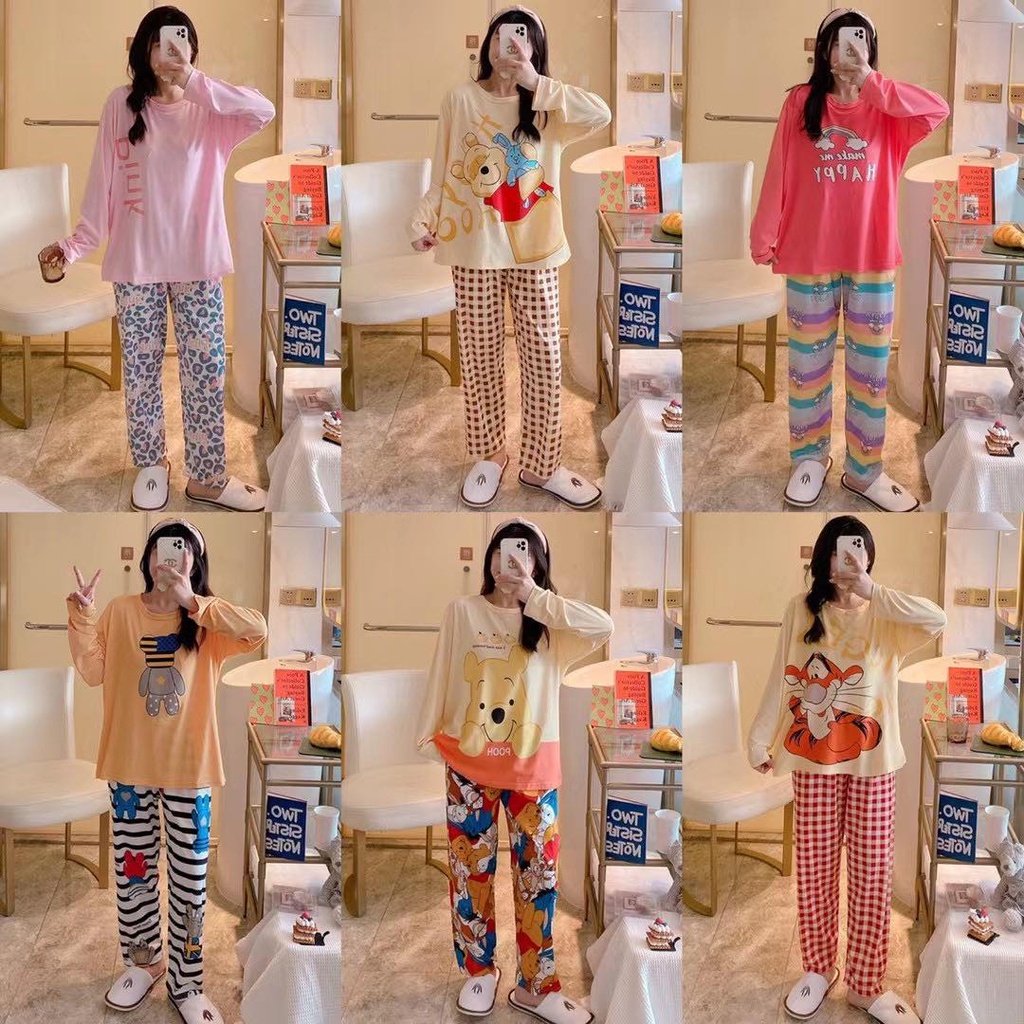 [Sẵn]Đồ bộ thun tay dài Quảng Châu, pijama quần dài, đồ mặc ở nhà họa tiết hoạt hình dễ thương