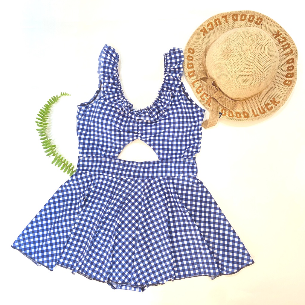 SET BIKINI, ĐỒ BƠI ĐI BIỂN ÁO CARO TAY BÈO KHOÉT NGỰC VÁY XÒE DỄ THƯƠNG ODERI LT-129