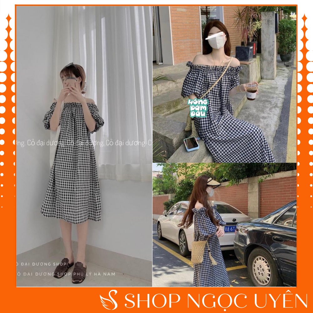 Váy nữ kẻ suông dáng dài Vintage - Đầm xuông dáng dài trễ vai Ngọc Uyên Store