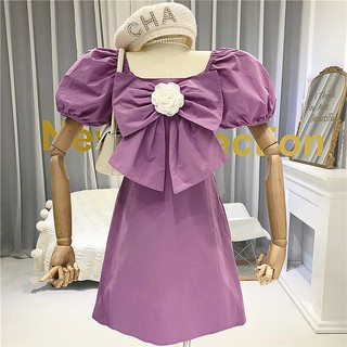 (ORDER) Đầm xòe ngắn tay bồng công chúa cổ vuông đính nơ trước ngực điệu đà kiểu Pháp
