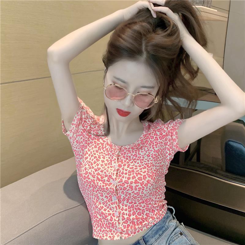 Mùa hè năm 2021 mới lưới màu đỏ siêu cháy cạp cao ngắn áo cardigan họa tiết da báo xu hướng thun tay của phụ nữ