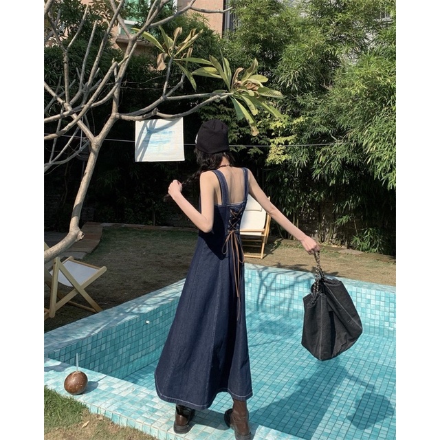 Váy yếm hai dây jeans buộc dây