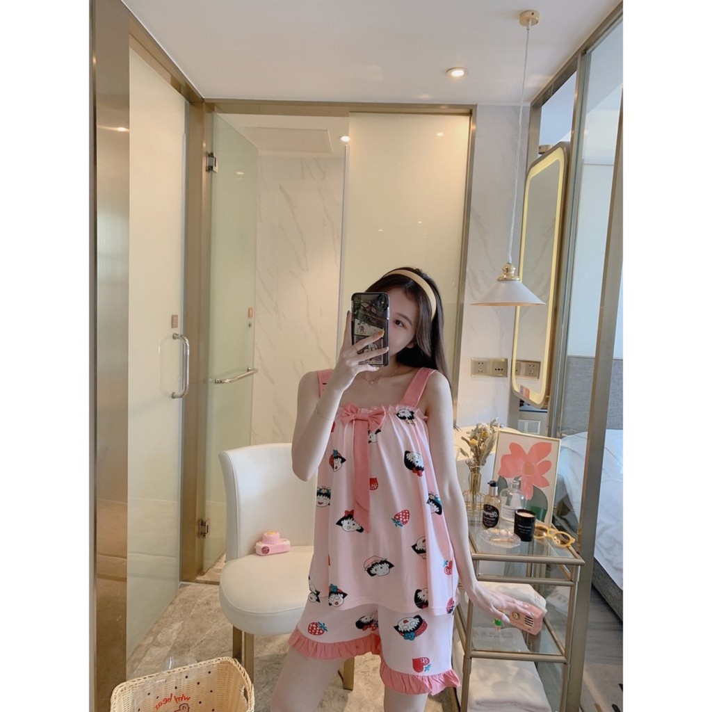 Bộ đồ bầu 2 dây CHẤT THUN THOÁNG MÁT mặc xuân hè -Bộ đồ ngủ 2 dây họa tiết siêu cute BC11