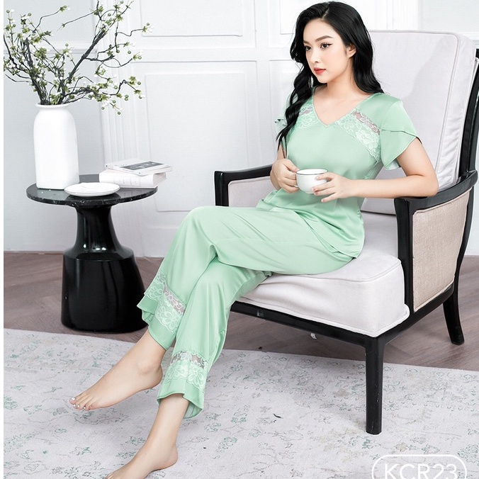 Bộ ngủ satin ZAM Luxury - KCR - áo không cổ ngắn tay quần dài màu trơn